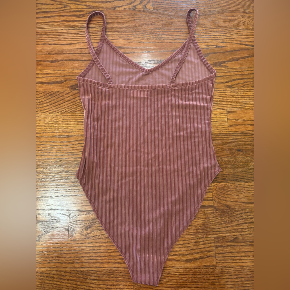 Maroon Velvet Ribbed Mesh Bodysuit - Picture 3 of 6